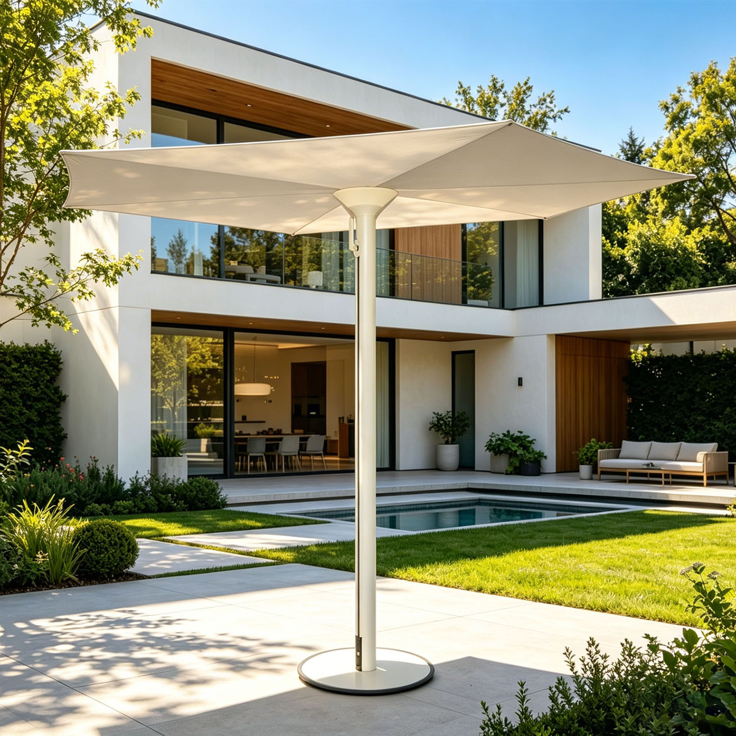 Solara retractable solar patio umbrella beside a modern pool